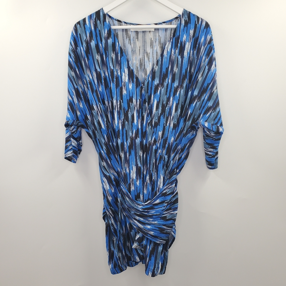 Thakoon Addition Blue Watercolor Printed  3/4 Sleeves Cocktail Mini Dress V-Neck